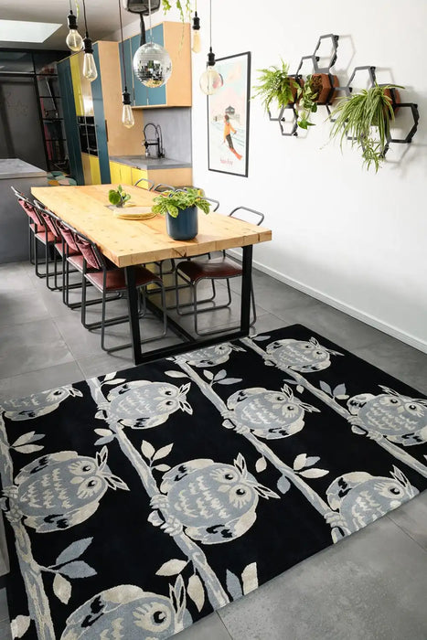 Woven Edge natural world owl Grey, Black Living Room Wool Rug.