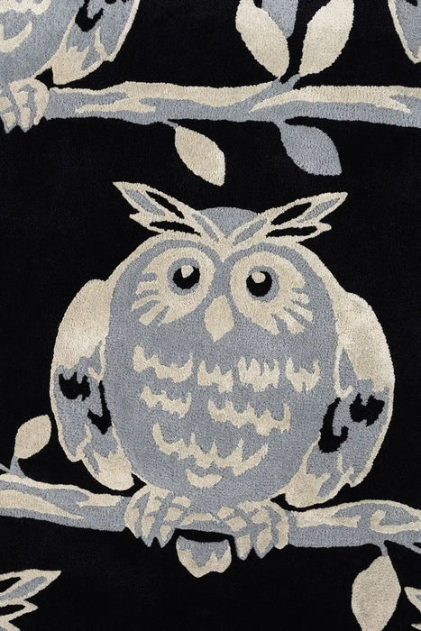 Woven Edge natural world owl Grey, Black Living Room Wool Rug.