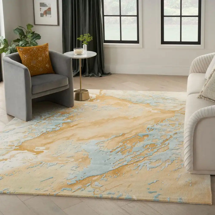 Nourison prismatic prs36 sand blue Brown, Beige Living Room Wool Rug.