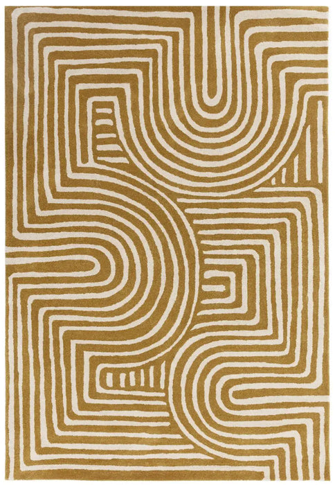 Asiatic reef rf28 curve ochre Yellow Living Room Wool Rug.