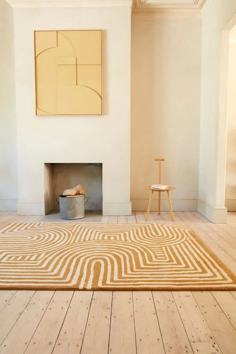 Asiatic reef rf28 curve ochre Yellow Living Room Wool Rug.