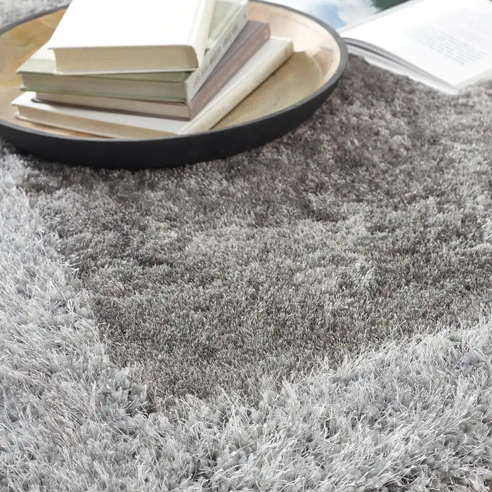 Origins shimmer border silver Grey Living Room Shaggy Rug.