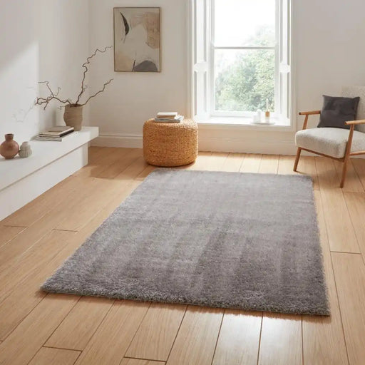 Think Rugs lux shaggy silver Grey Living Room Shaggy Rug.