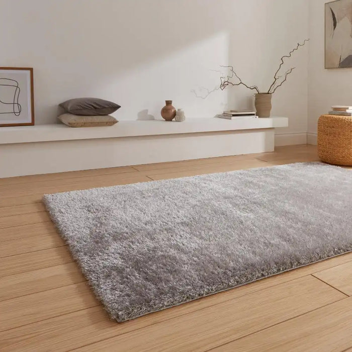 Think Rugs lux shaggy silver Grey Living Room Shaggy Rug.