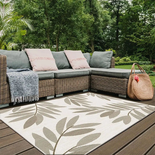 Likewise Matting duo weave indoor outdoor trailing leaves beige Beige Outdoor  Flat Weave Rug.