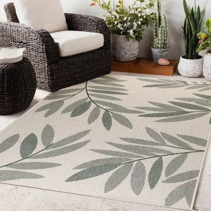 Likewise Matting duo weave indoor outdoor trailing leaves green Green, Ivory Outdoor  Flat Weave Rug.