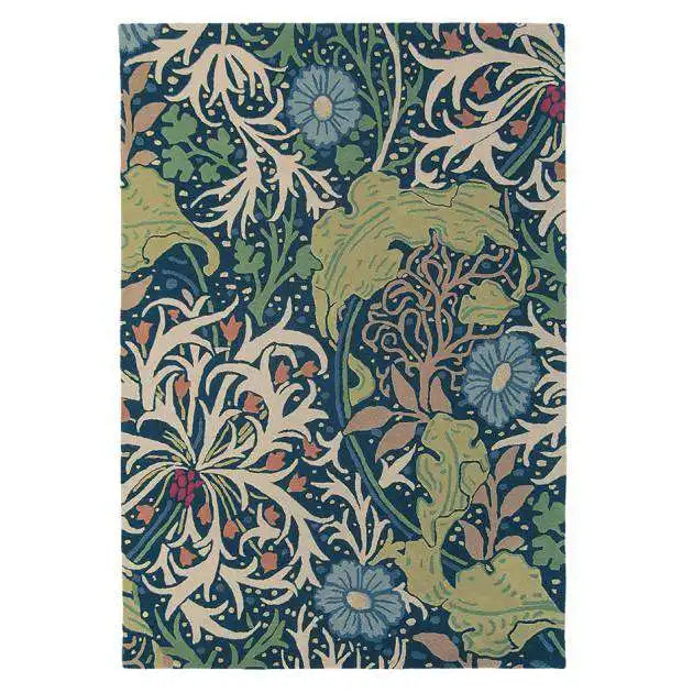 Morris & Co seaweed ink 28008 Blue, Multicoloured Living Room Wool Rug.