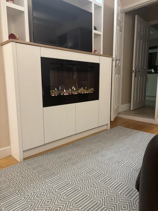 Photo by Linda S | Modern living room with a built-in entertainment unit featuring a fireplace and sloan duck egg rug.