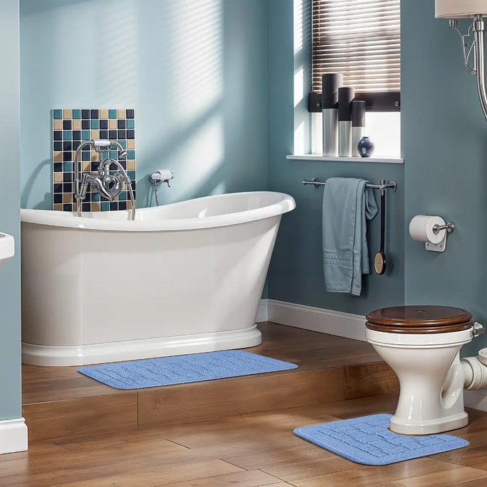 TEGAN Piece Machine Washable Non-Slip Blue Bathroom Rug Set Blue