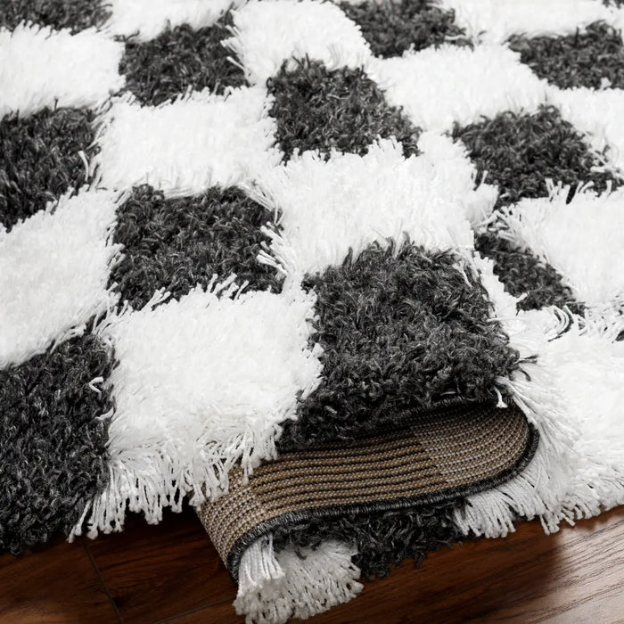 Willa Shaggy Modern Plush Pile Black Checkered Rug