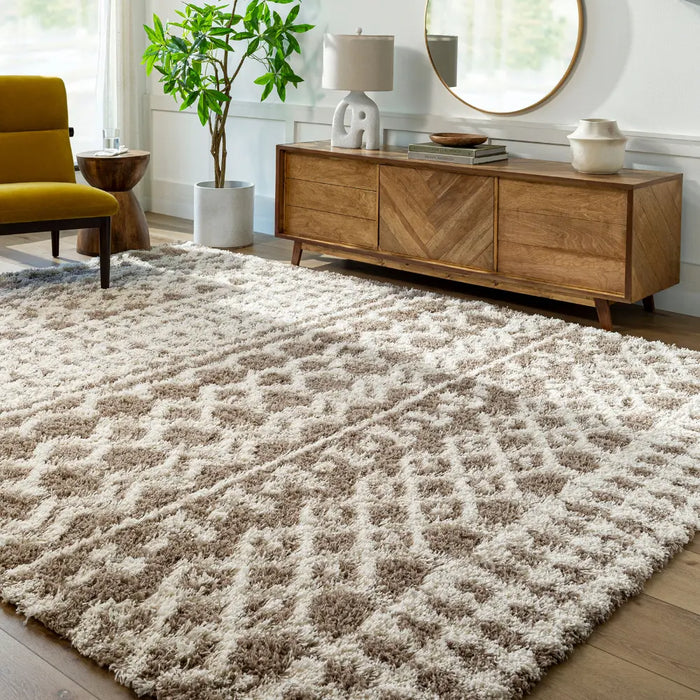 NOUR Shaggy Geometric Plush Pile Taupe Rug