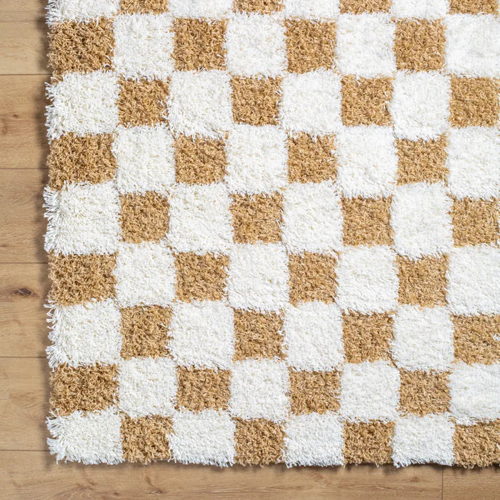 WILLA Shaggy Modern Plush Pile Mustard Checkered Rug