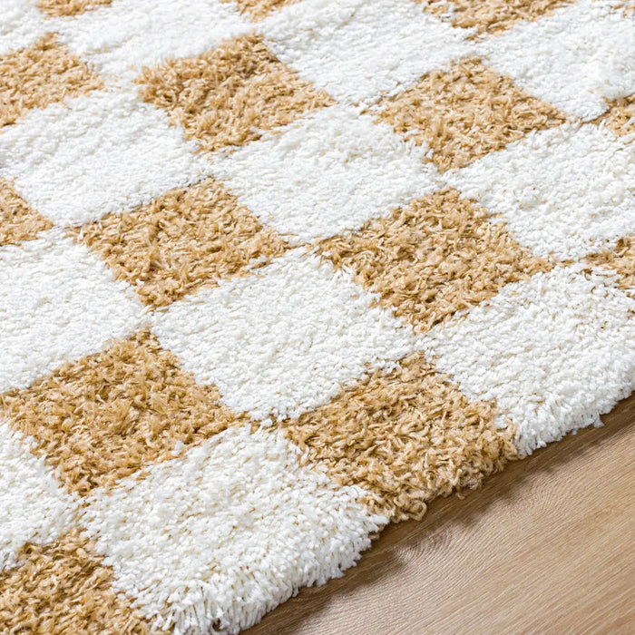 WILLA Shaggy Modern Plush Pile Mustard Checkered Rug
