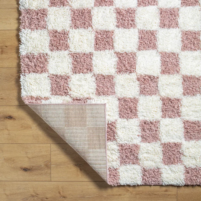 WILLA Shaggy Modern Plush Pile Dusty Pink Checkered Rug