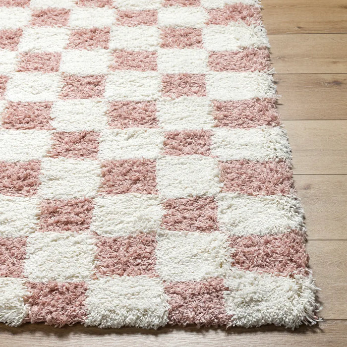 WILLA Shaggy Modern Plush Pile Dusty Pink Checkered Rug