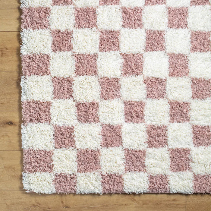 WILLA Shaggy Modern Plush Pile Dusty Pink Checkered Rug