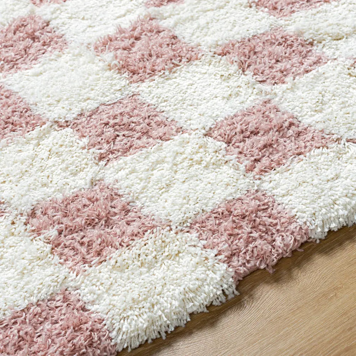 WILLA Shaggy Modern Plush Pile Dusty Pink Checkered Rug