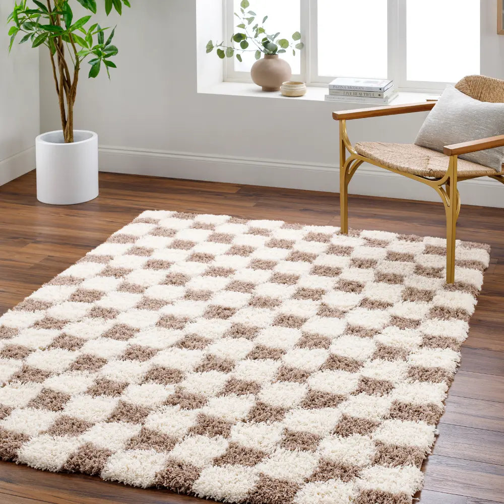 Brown Checkered Style Rug Ruggable WILLA Shaggy Modern Plush Pile Brown Checkered Rug Brown Rug ...
