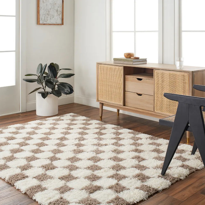 Chocolate Check Rug WILLA Shaggy Modern Plush Pile Brown Checkered Rug Brown Rug ...