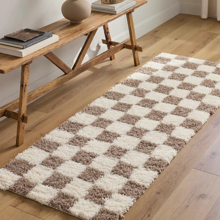 Chocolate Check Rug WILLA Shaggy Modern Plush Pile Brown Checkered Rug Brown Rug ...