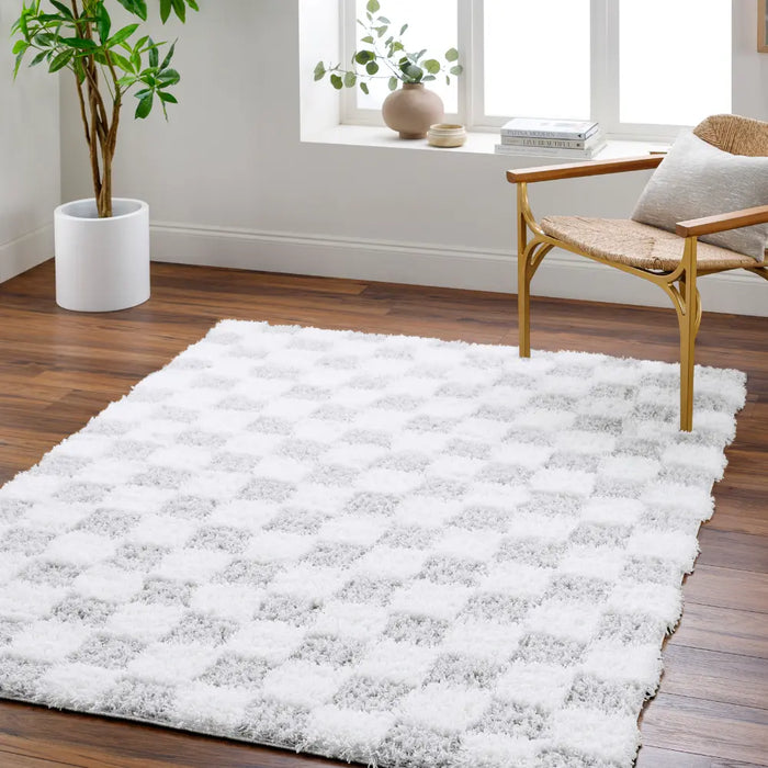 Willa Shaggy Modern Plush Pile Light Grey Checkered Rug