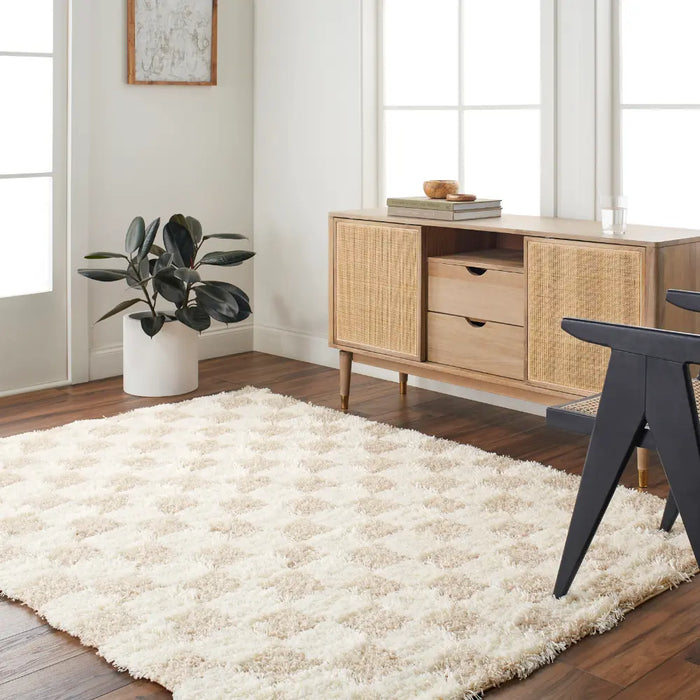 Willa Shaggy Modern Plush Pile Light Beige Checkered Rug